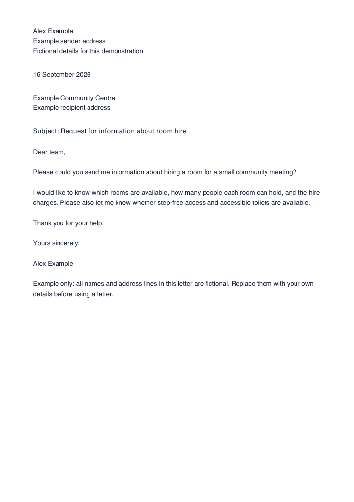 One-page example letter requesting room-hire information, with sender details, date, recipient, subject and sign-off. All details are fictional.